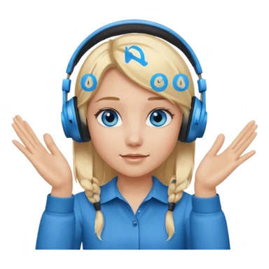 girl with blonde hair and blue eys with heands telling what, having heaphones on head sticker