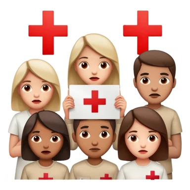 a crowd of people with unhappy faces, holding posters with a red cross painted on them sticker