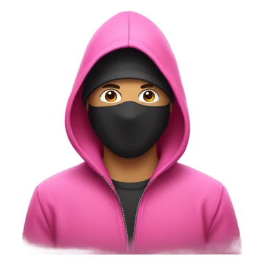 Man in pink jacket hood up, wearing black mask with white circle in the middle sticker