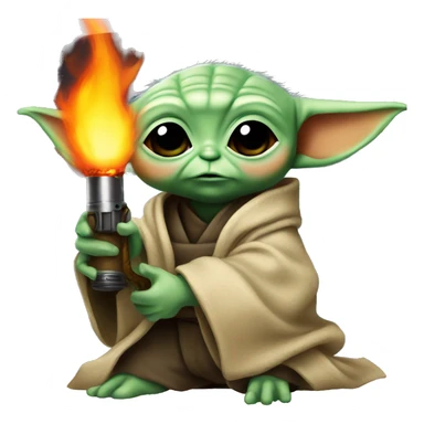 BabyYoda holds a flamethrower c big flame sticker
