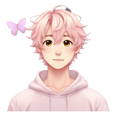 Gorgeous pastel anime style shojo man with blushing face and butterflies aesthetic and pretty hair trending style sticker