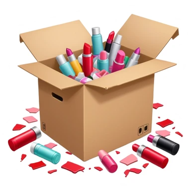 cardboard box bursting open with lipsticks, shampoo, and nail polish scattered everywhere, symbolizing disorganization sticker