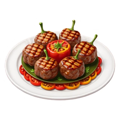 Akçaabat meatballs object icon, grilled Turkish kofte pieces on a plate, smoky char marks, juicy texture, served with grilled peppers and tomatoes, 3D cartoon, mobile game icon style, centered, clean background, no text, no watermark
 sticker