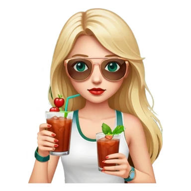 girl with long blond hair
with blue eyes
and aviator sunglasses
wearing white tank top 
holding bloody mary
wearing (rose gold apple watch with forest green band) sticker