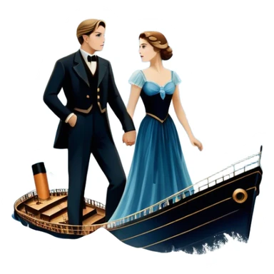 Icon for Titanic Movie: A vintage movie poster-style design featuring a dramatic scene of the ship, the iceberg, and a romantic silhouette of the main couple. Include elements like the ship’s bow, water splashes, and a starry sky in the background. Retro cinematic feel. Transparent background. sticker