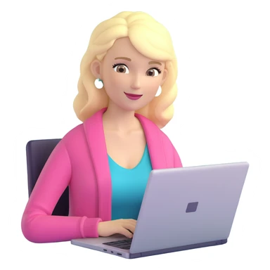 blonde woman in a pink cardigan working on a laptop sticker