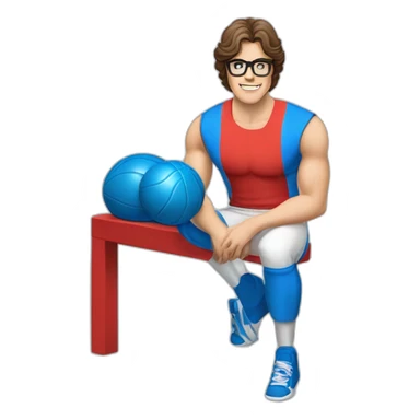 retro 70s blue and red gym clothes for a modern white brunette uni male student with glass sticker