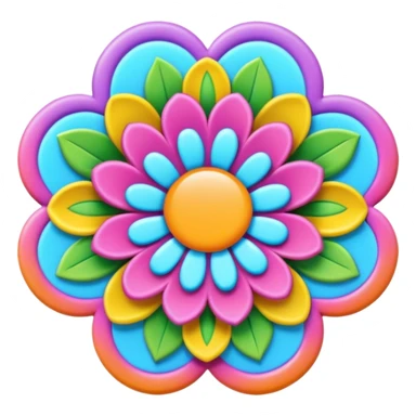 3D, psychedelic colored label with hippie style flower border sticker