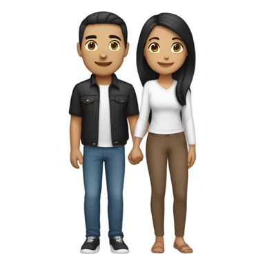 a couple holding hands. the guy has black middle part hair and is Persian and Filipino mix, wearing a jacket. the girl has brown medium length hair white and asian mix, wearing a crop top. sticker