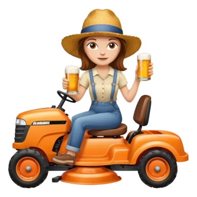 White woman with brown hair, without glasses wearing a straw hat, on old orange ride on lawn mower, holding a beer sticker