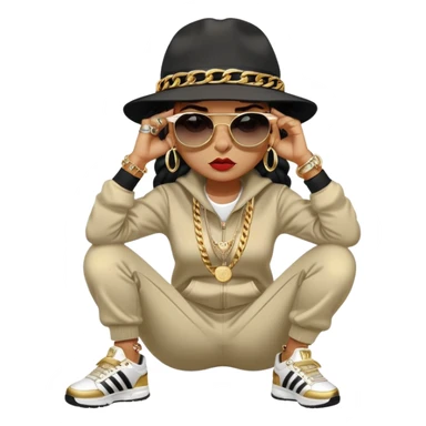 female cat wearing Run DMC hip-hop outfit with tracksuit, fedora, Adidas sneakers, dark sunglasses, many gold chains, rings, bracelets, flashy earrings, fallen down with worried expression sticker
