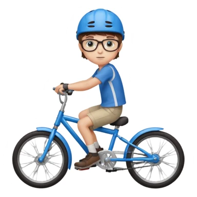 12 year old boy with short brown hair and a fringe, round glasses, blue eyes, riding a blue bike, wearing a red helmet sticker