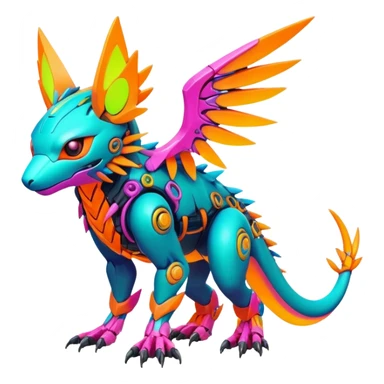 Tropical futuristic lush warm-colored modern colorful neon-colored cyber-Fakémon-Digimon-Trico-creature sticker