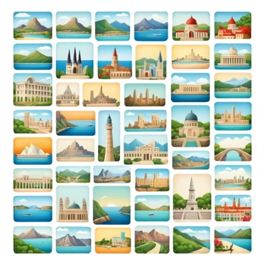 Icon for Postcard Collecting: a collection of colorful vintage postcards, featuring scenic views, landmarks, and greetings, arranged neatly in an album or on a display board. The icon should convey the charm and nostalgia of postcard collecting. Transparent background. sticker