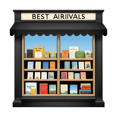 Bookstore window display. A sign displays “New Arrivals This Week”. Below, a shelf tag with the text “Best-Selling Novels Here”.  sticker