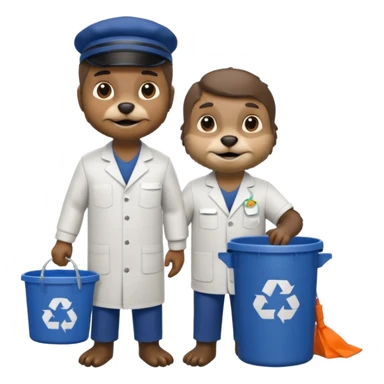 an otter disguised as a man picking up trash bins, next to a mad scientist sticker