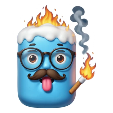 blue marshmallow on fire, surprised with mustache and glassess, just marshmallow sticker