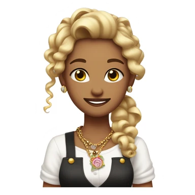 Waitress with white shirt and black apron, curly dirty-blonde hair in a pony tail, hazel eyes, LOTS of bohemian jewelry and bracelets  sticker