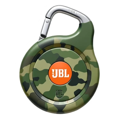 Minimal JBL Clip 4 with proper circular form, carabiner clip, green camouflage, and JBL branding visible, iOS emoji style sticker