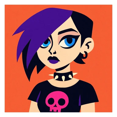 goth girl with purple asymmetrical hair, blue eyes, pale skin, unique illustrative style sticker