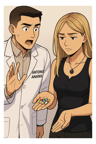 fai un webtoon/manga a colori con questo kinesiologo in camice bianco (fagli la scritta "ANTONIO ANANIA" SUL CAMICE) CHE PARLA CON QUESTA RAGAZZA. LA RAGAZZA HA UN PUGNO DI INTEGRATORI IN MANO (TANTE PILLOLE DIVERSE) E LE GUARDA DUBBIOSA. IL KINESIOLOGO CON IL CAMICE BIANCO LE DOMANDA UNA COSA SCIOCCATO. NON FARE I FUMETTI, FAI SOLO LORO COME SE DIALOGASSERO sticker