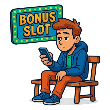 a person sitting on a bench, glancing at a phone, waiting for a bonus slot, cartoon style, vibrant colors sticker