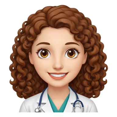 smiling doctor woman, brown eyes, white skin,  long brown curly hair sticker