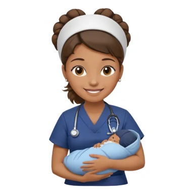 Female nurse smiling wearing no hat with her hair tied up in a roll on the top front of head with medium brown skin and brown eyes holding one new born with navy blue short sleeves sticker