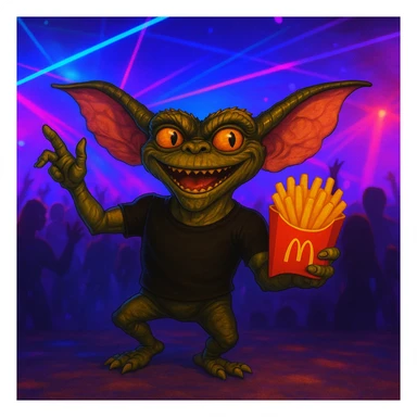 Change the gremlin's see-through shirt to black, keep the techno party and McDonald's fries theme. sticker