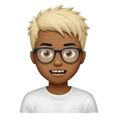 Black Male Teenager with Short punk messy blonde hair, Dark brown bushy eyebrows large expressive golden-brown eyes, wearing a plain white t-shirt, wearing thick black glasses, Dark Brown skin color. Showing off his singular vampire tooth sticker