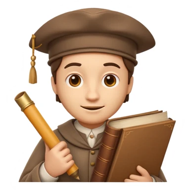 Apple Memoji-style 3D emoji of a historian holding scrolls or old books, soft shading, rounded shapes, no background.
 sticker