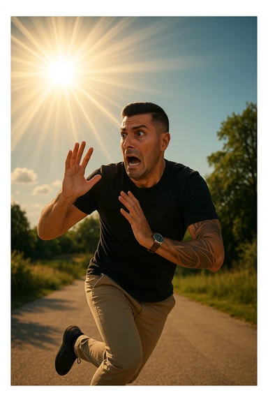 Uomo che corre via dal sole spaventato perchè pensa sia nocivo realistica sticker