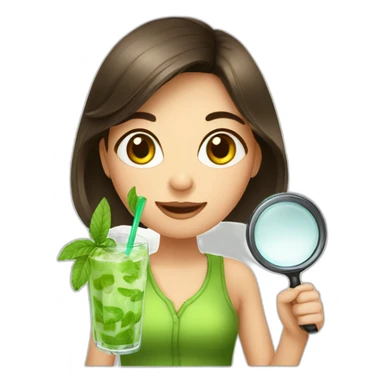 brunette girl with left magnifying glass and right mojito sticker