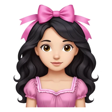 Beautiful girl with long wavy black hair, brown eyes, light skin, slight smile, pink ribbon in hair, and pink dress sticker