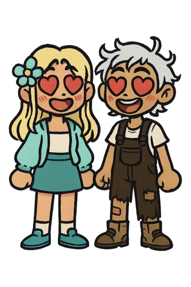 Create a couple image of these two cartoon characters standing side by side, both with heart eyes and big smiles, matching their style, transparent background. sticker