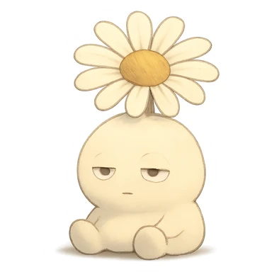 creamy white daisy flower with sleepy half-lidded eyes, sitting down with a blank stare, extremely soft round pastel character, soft Ghibli style sticker
