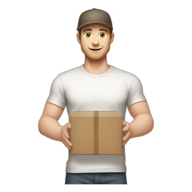 Pale skinned fit Man with dark brown hair in a light gray cap, dark brown jeans, brown polo and white T-shirt keeping a pasted with tape white box into his hands sticker