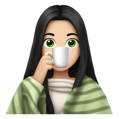 A pretty white girl with very long black hair and green eyes in a light pink blanket sipping coffee sticker