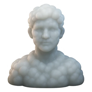 person looking straight, made entirely of white fluffy convex clouds, shoulder up, matte glass style, clouds more voluminous, no background sticker