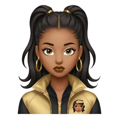 “black Emoji girl, fierce confident expression, sharp black winged eyeliner, bold brows, matte nude lips, long curled lashes, sleek high ponytail, gold hoop earrings, sporty streetwear jacket.” sticker