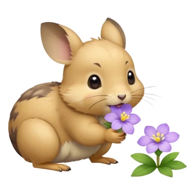 small round pika on all fours, turned at an angle, biting a small light purple flower in its mouth sticker