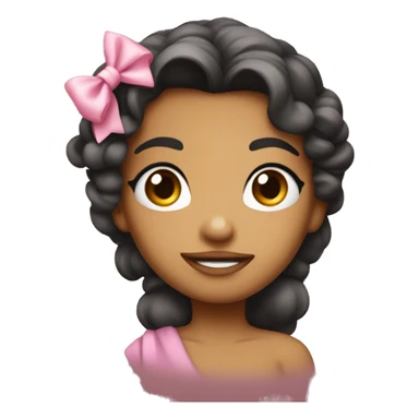 a cute pointing her mouth looking in the camera with a coquette bow in her head sticker