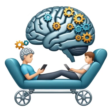 An icon featuring a brain with gears, a mind map, and a therapy couch, symbolizing psychology. The design includes a set of mental health tools and a silhouette of a person in deep thought, representing understanding the human mind. Transparent background sticker