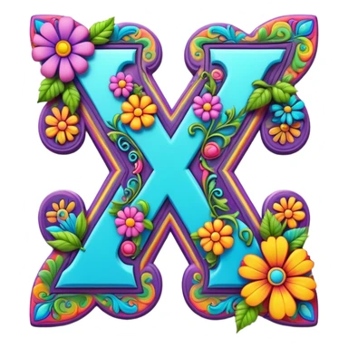 3D, gothic style psychedelic colored Letter X with hippie style flower border sticker
