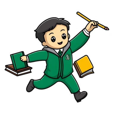 Slytherin student tripping and falling with books and wand flying sticker