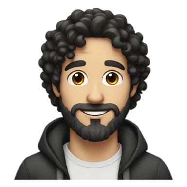 white skin guy with black long curly hair, medium beard and big nose smiling sticker