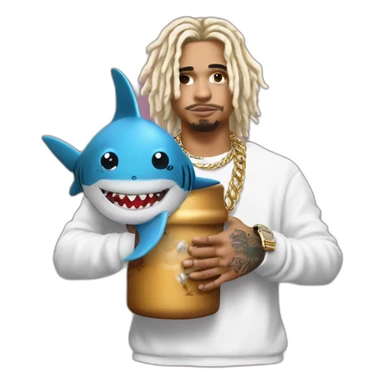 Lil Pump holds a double cap with a shark in his arms sticker