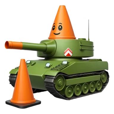 green military tank running over a traffic cone with a sad face, cone visible under the treads, emoji style sticker