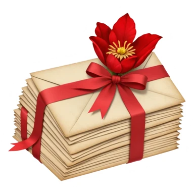 A beautifully arranged Stack of aged letters, tied with a red ribbon, envelopes, corespondence, aesthetic, red flower petals around, mails sticker