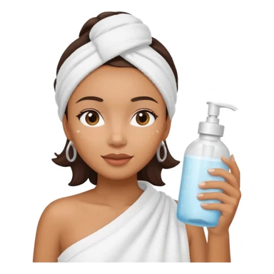 Mixed-race woman with caramel skin, wearing a white towel around her body, holding a frosted glass skincare bottle sticker